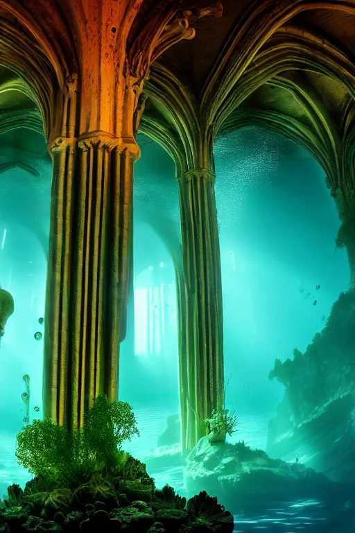 Image similar to high quality photo of cinematic underwater dystopian neo - gothic cathedral ruins with giant luminescent colorful aquatic plants and jellyfish, digital art masterpiece, aykut aydogdu eric zener, dramatic volumetric light, long shot, low angle uhd 8 k, sharp focus