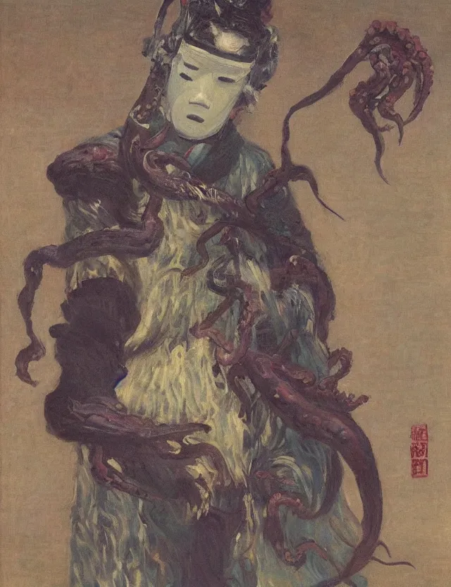 Prompt: a magical fantastic non human samurai with a octopus mask by jeremy lipkin, by claude monet, made with millions of stroke, japanese inspiration, wonderful details, crazy colors 1 0 %, pale sober colors 9 0 %