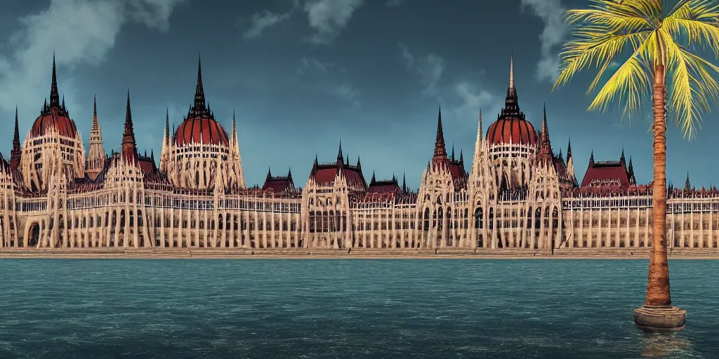 Image similar to matte painting of a hungarian parliament underwater-beach, palm trees behind, 4k, 8k, highly detailed, trending on ArtStation, CGSociety