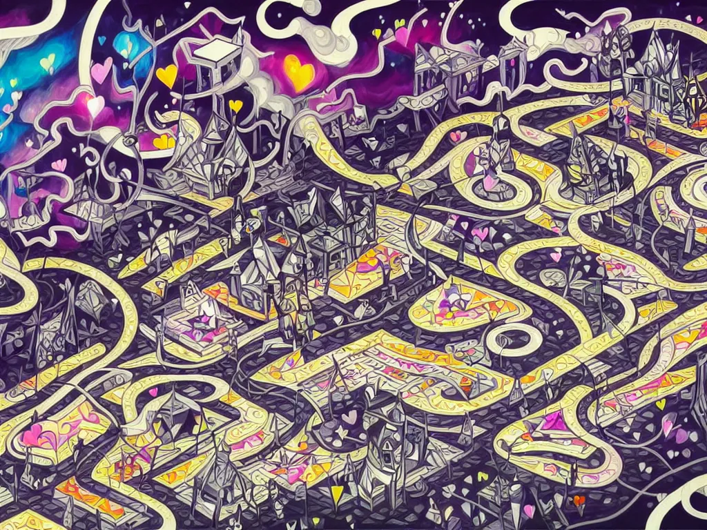 Prompt: a collision of exploding black hearts and white hearts in abstract form of an endlessly long and winding path through an isometric fantasy village, vivid vibrant geometric art nouveau. trending on pixiv and artstation. an absurdly detailed oil painting