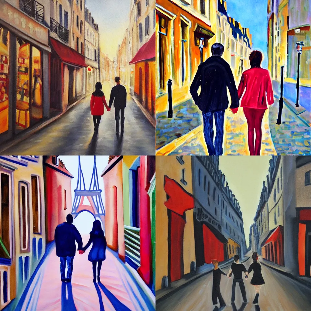 Prompt: Painting of a couple holding hands walking in the streets of Paris