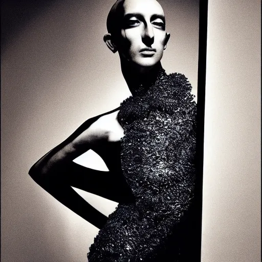 Image similar to a model dressed in an avant garde haute couture dress, iris van herpen and alexander mcqueen, vogue editorial photo, sharp focus dynamic light