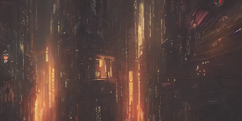 Prompt: a painting of a cinematic keyframe of a cyberpunk dystopian city, blade runner like designed by ian hubertz seen from above, cenital shot, by greg rutkowski, rule of thirds, golden ratio, ambient lighting, wlop, artgerm, artstation, highly detailed masterpiece, dark fantasy art, high detail, trending on artstation