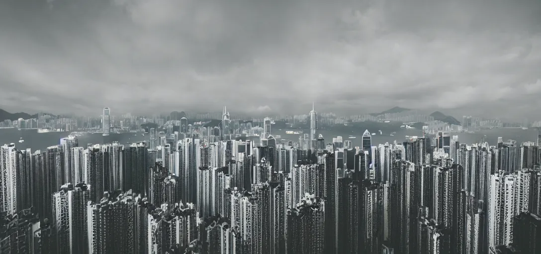 Image similar to Retro Futuristic 30mm photo of Hong Kong Skyline, 4K, very detailed