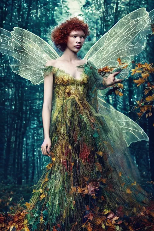 Prompt: masterwork full body photograph of astrid berges frisbey as a fairy with ginger curly hair. highly detailed sharp focus face. wearing a dress made out of stars.. resting on a background of autumn leaves. fluid, dreamy, ethereal, vivid colours. wow! cinematic lighting. trending on artstation. cgsociety. by moebius. megapixels.