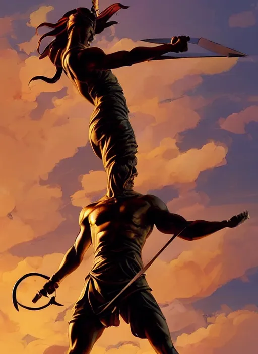 Prompt: golden statue of a victorious warrior raising his sword to the sky, heroic, glorious, in the style of artgerm, gerald brom, atey ghailan and mike mignola, vibrant colors and hard shadows and strong rim light, plain background, comic cover art, trending on artstation
