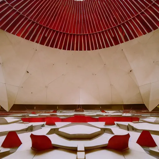 Image similar to interior of a futuristic lotus temple with gold, red and white marble panels, in the desert, by buckminster fuller and syd mead, intricate contemporary architecture, photo journalism, photography, cinematic, national geographic photoshoot