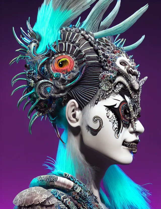 Image similar to 3 d goddess close - up profile portrait punk with mohawk with ram skull. beautiful intricately detailed japanese crow kitsune mask and clasical japanese kimono. betta fish, jellyfish phoenix, bio luminescent, plasma, ice, water, wind, creature, artwork by tooth wu and wlop and beeple and greg rutkowski