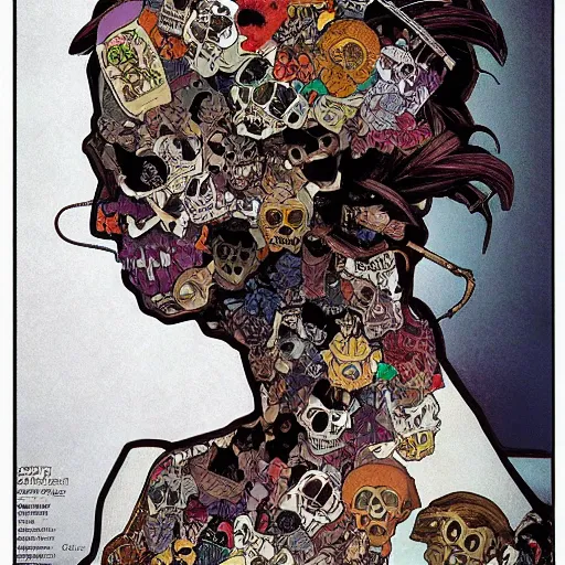 Image similar to manga skull portrait girl female skeleton realism hyperrealistic art Geof Darrow and will cotton alphonse mucha pop art nouveau