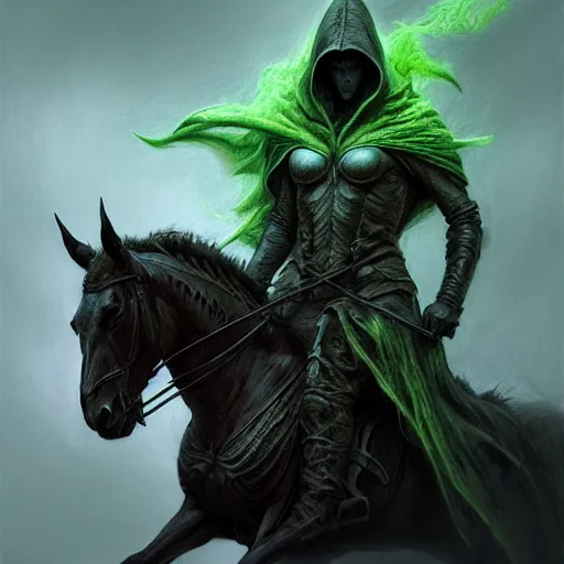 Image similar to concept art by artgerm, pestilence of the four horsemen of the apocalypse, soft green natural light, intricate, hooded death riding a horse, highly detailed dark art, digital painting, artstation, concept art, smooth, sharp focus, illustration, art by greg rutkowski and luis rollo and uang guangjian and gil elvgren, symmetry!