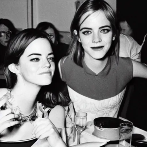 Prompt: b & w photo of emma stone and emma watson having dinner in the 1 9 7 0 s,