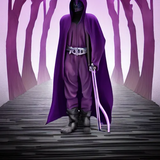 Image similar to grim reaper, purple cloak, full body, scythe