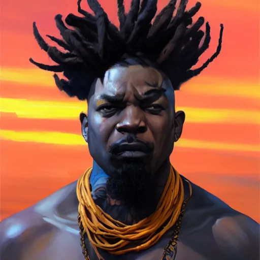 Prompt: Greg Manchess portrait painting of an afropunk villian character with facial tattoo, dreads, heavy build, medium shot, asymmetrical, profile picture, Organic Painting, sunset dark dramatic day, matte painting, bold shapes, high contrast, hard edges, street art, trending on artstation, by Huang Guangjian and Gil Elvgren and Sachin Teng