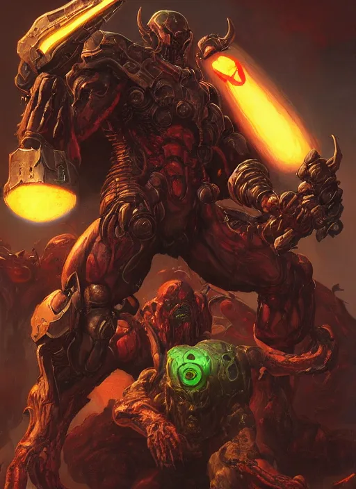 Image similar to ( doom ) cover featuring doom slayer!! by kenneth scott and frank frazetta, artstation, vivid gaze