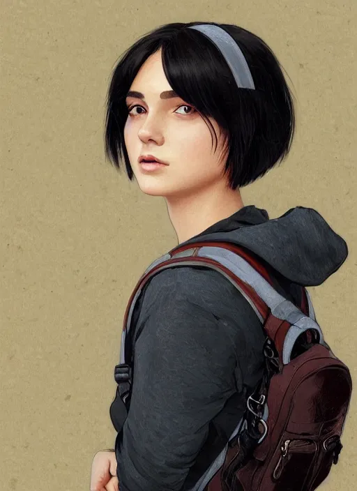 Prompt: Close-up portrait of kind young woman with short black hair in a bob cut, with a backpack, slightly dirty face, transparent background, png, highly detailed, digital painting, artstation, concept art, sharp focus, illustration, art by artgerm and greg rutkowski and alphonse mucha