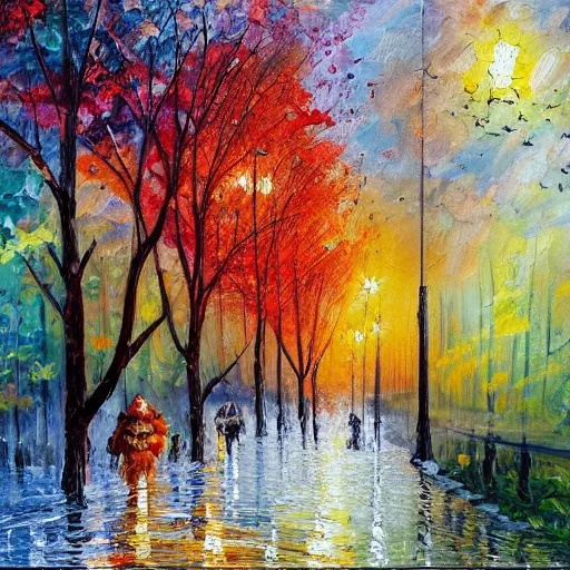 Prompt: painting depicting all four season in one paintng, concept art, artstation, detailed, impressionism, oil on canvas, knife painting, messy,