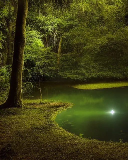 Image similar to a mystical pond in the middle of a lush forest at night during an eclipse, minimalist design, dark and dim lighting, beautiful, tranquil, moody, cinematic, fantasy, 3 5 mm lens, volumetric lighting, first person view, photographic render, hyper realistic