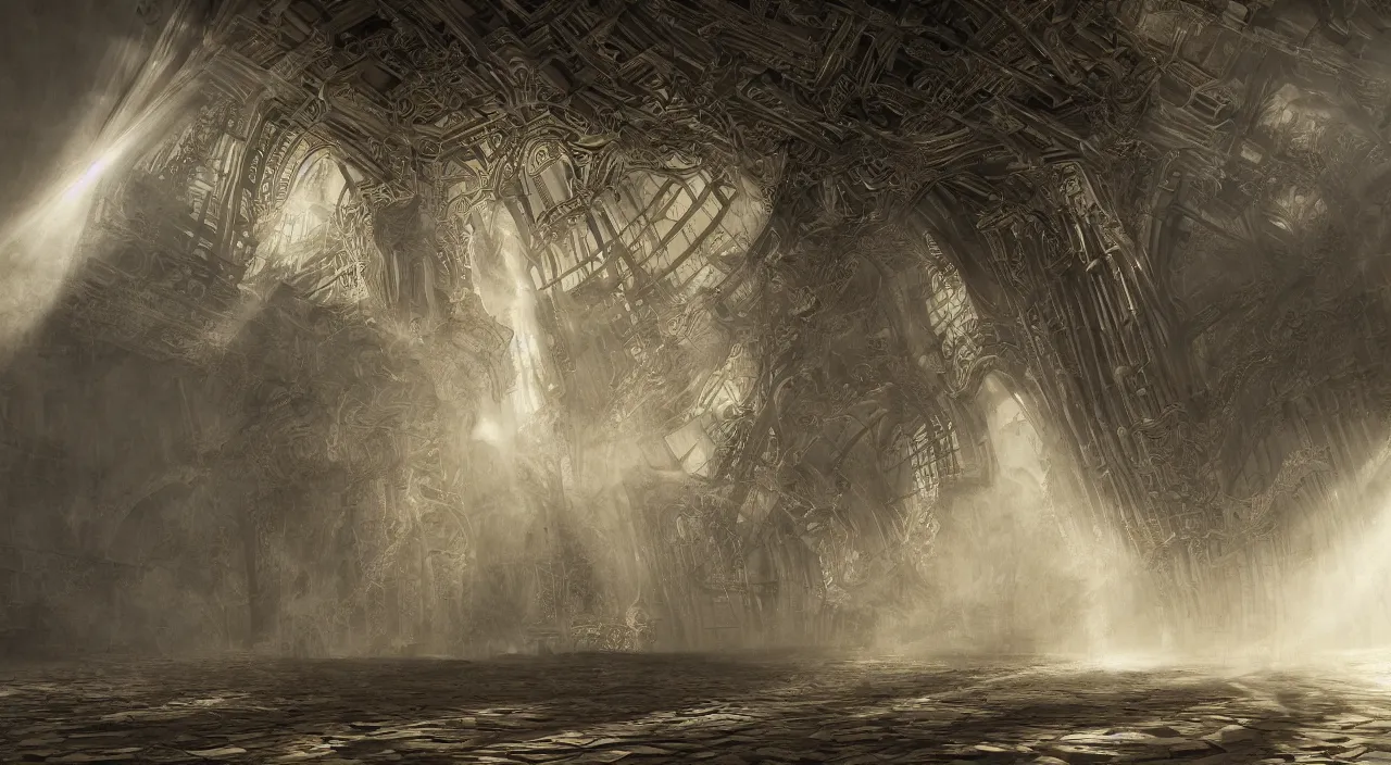 Image similar to an ancient structure from the genesis of time built from advanced mathematics and geometry, by jack oliva - rendler, by ernst haeckel, by albert bierstadt, photorealistic, zaha hadid, god rays, volumetric lighting, detailed, intricate, delicate, raytrace, octane, light fog, neon, bladerunner