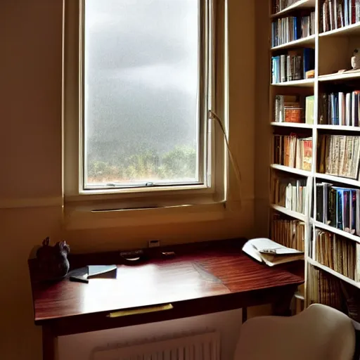 Image similar to a peaceful room with a desk and bookshelves, calm and serene, with rain visible through the windows of the room.