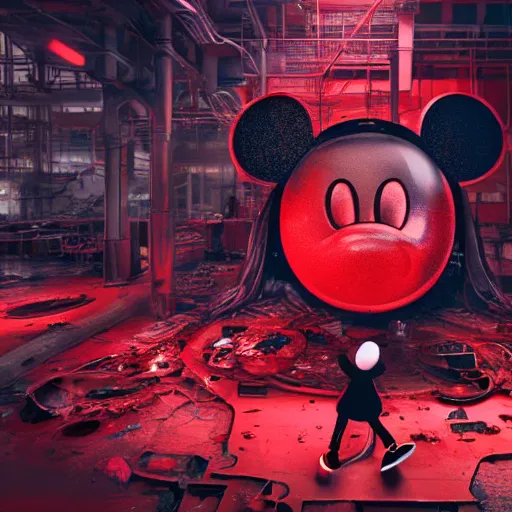 Prompt: a giant mickey mouse head, factory floor, dissected by a group of network executives, octane render, cgstation, 3 d render, very detailed, mindblowing, blood and guts, gritty, cyberpunk, red and cinematic lighting, hyper realism