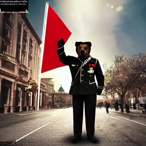 Image similar to a portrait of a socialist bear in a military uniform with a big hat, waving a red flag in Berlin, 4K realistic, hyper detailed, cinematic lighting, wow factor, award winning photo