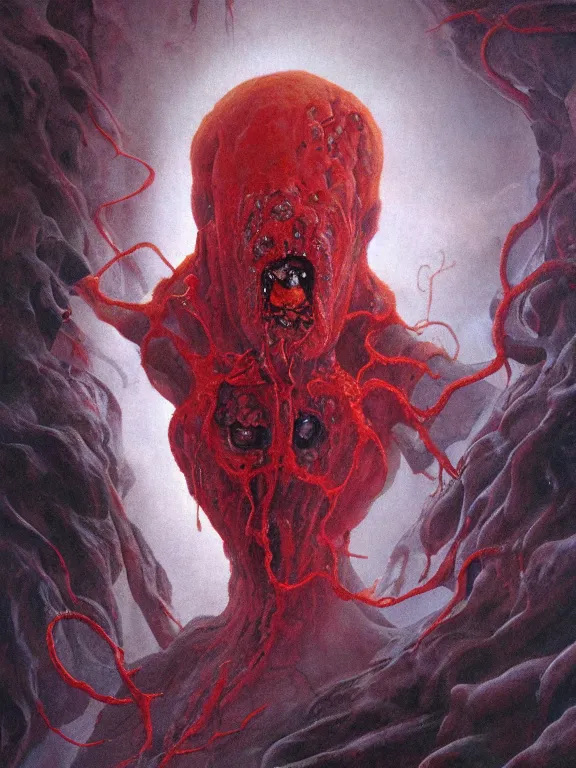 Image similar to wayne barlowe painting of a flying sorrowful looking severed human head with tears running down it's eyes, face that is chalk white in color, with long white tentacles stemming from it's neck, fiery scorching red eyes, background sprawling terrifying hellish cave with lava flowing through it's walls, 4 k