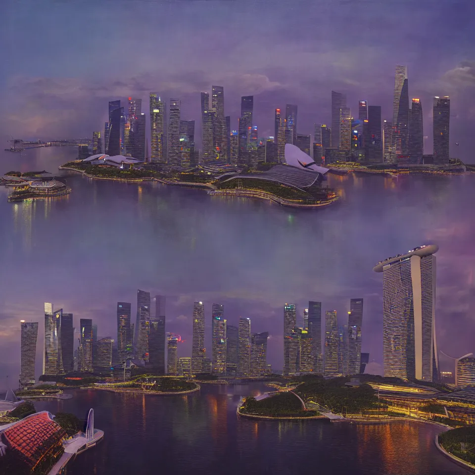 Image similar to a detailed painting overlooking the Marina Bay Sands in Singapore at dusk. By Robert Bechtle, Paul Kratter, Geri Keary, Simon Stålenhag. Digital art, warm, CGSociety, Octane. Trending on ArtStation, 8k, UHD, HDR