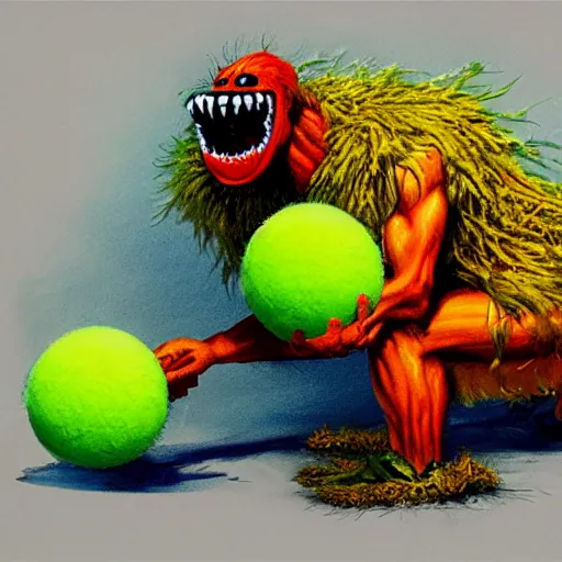 Image similar to a tennis ball monster, digital art, fantasy, magic, trending on artstation, ultra detailed, professional illustration by Basil Gogos