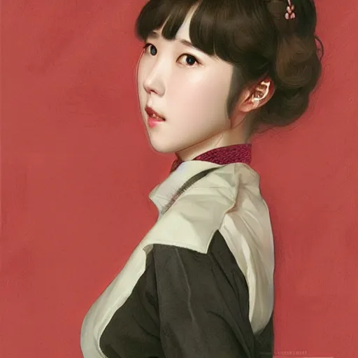 Image similar to IU, Korean Idol, Korean Artist, very detailed, digital art, concept art, studio quality, ethereal, art style by J. C. Leyendecker