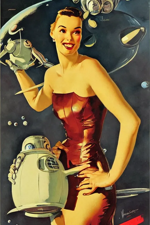 Prompt: 5 0 s pulp scifi fantasy illustration full body portrait elegant woman wearing latex spacesuit standing beside monster, by norman rockwell, edd cartier, roberto ferri, jack kirby, earle bergey, ruan jia, jason fabok, tom lovell, frank r paul, dean cornwell, astounding stories, amazing, fantasy, other worlds