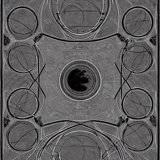 Prompt: art nouveau floor pattern, geometric, interlocking, solar system, scifi inspired, foundation, thin lines, black and white by paul chadeisson, greg rutkowski