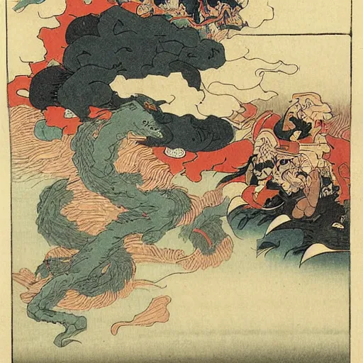 Image similar to repressed monsters and yokai of the imagination break free in a fiery revolution, by Hokusai