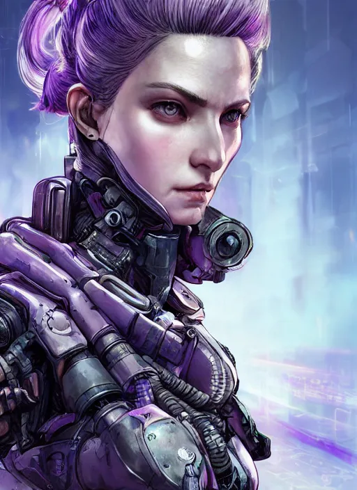 Image similar to close up portrait of a pale woman in power armor with purple ponytail hair, elegant, stoic, intense, ultrafine hyperdetailed illustration by kim jung gi, irakli nadar, intricate linework, sharp focus, bright colors, octopath traveler, yoji shinkawa, highly rendered, global illumination, radiant light, detailed, intricate environment