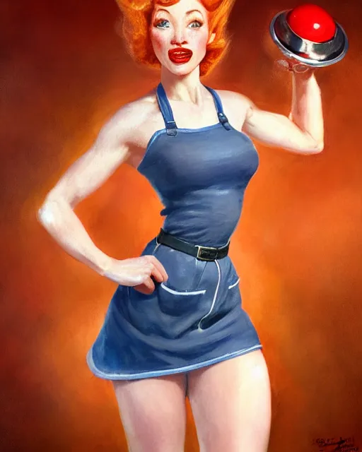 Prompt: muscular female 1 9 5 0 s diner waitress, perfect face, red bow, blue checkerboard dress, ginger hair, cinematic, freckles, stunning, athletic, strong, agile, highly detailed, psychedelic, digital painting, artstation, smooth, hard focus, illustration, art by jessica rossier and and brian froud