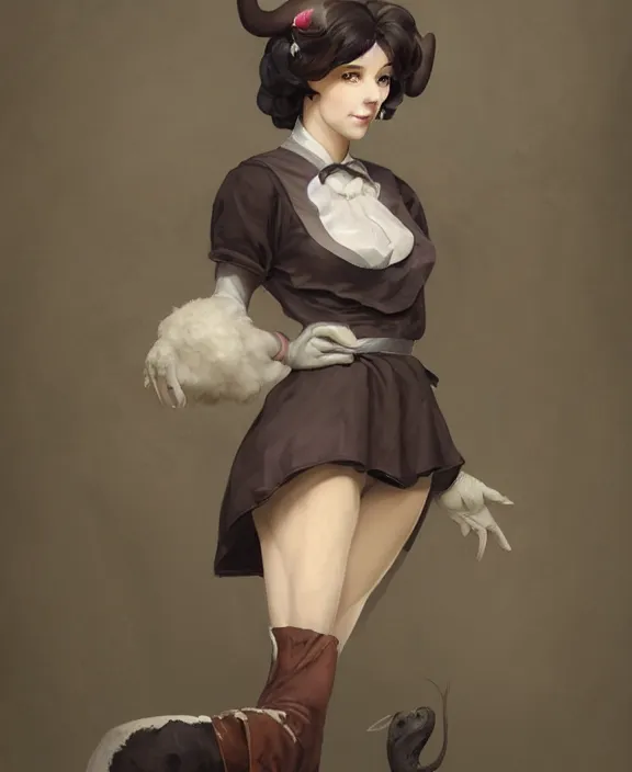 Image similar to female anthropomorphic sheep in maid outfit, realistic portrait, highly detailed, digital painting, artstation, concept art, smooth, sharp focus, illustration, cinematic lighting, art by artgerm and greg rutkowski and alphonse mucha and boris vallejo and frank frazetta