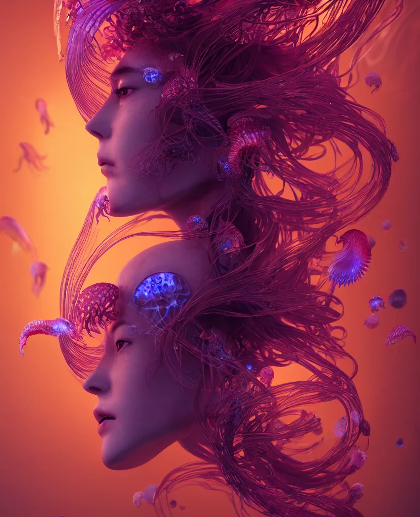 Image similar to goddess close-up portrait. jellyfish phoenix head, nautilus, orchid, skull, betta fish, bioluminiscent creatures, intricate artwork by Tooth Wu and wlop and beeple. octane render, trending on artstation, greg rutkowski very coherent symmetrical artwork. cinematic, hyper realism, high detail, octane render, 8k