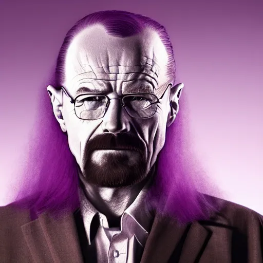 Prompt: portrait of walter white with long purple hair, soft cinematic lighting, award winning photography, 4 k