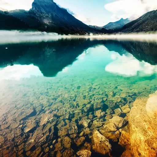 Prompt: mountains reflecting in the crystal clear water