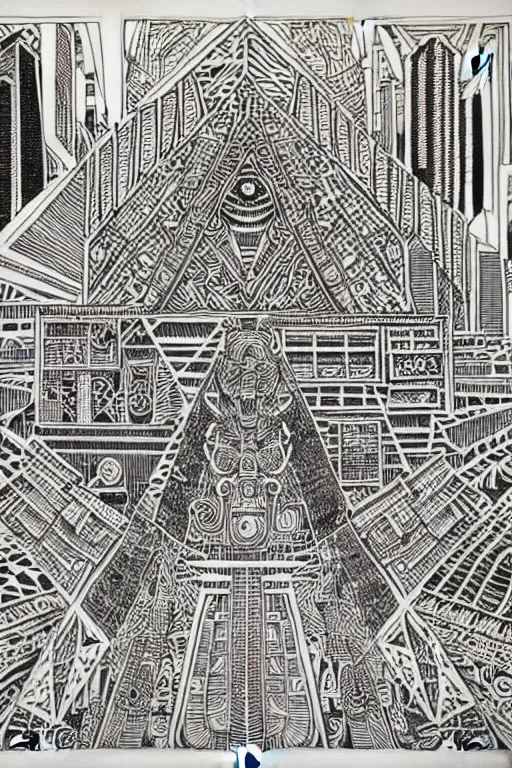 Image similar to a black and white drawing of an ancient future mayan temple mandala cityscape, a detailed mixed media collage by hiroki tsukuda and eduardo paolozzi and moebius, intricate linework, sketchbook psychedelic doodle comic drawing, geometric, street art, polycount, deconstructivism, matte drawing, academic art, constructivism