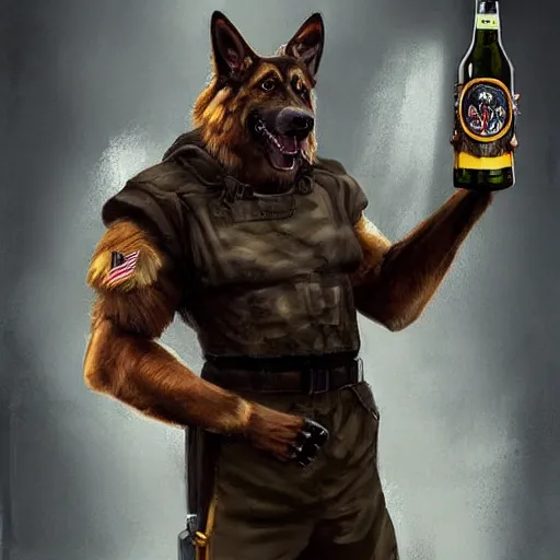 Image similar to a humanoid german shepherd beast - man in military style, holding a bottle of beer, artstation, concept art, smooth, sharp foccus ilustration, artstation