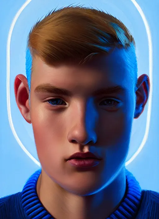 Image similar to portrait of high school senior boy named big moose, blonde short hair, jock, beefy, wide face, square jaw, square facial structure, blue varsity jacket with his name, intricate, elegant, glowing lights, highly detailed, digital painting, artstation, concept art, sharp focus, illustration, art by wlop, mars ravelo and greg rutkowski