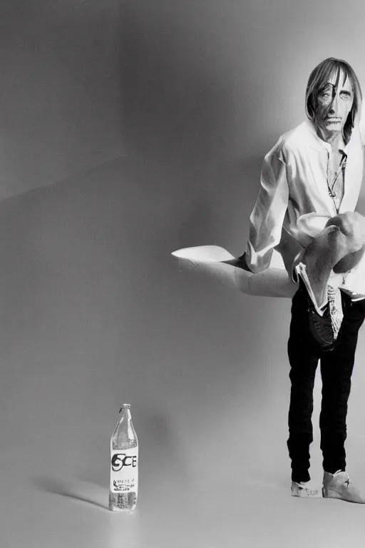 Prompt: iggy pop standing inside an enormous clear plastic soda bottle