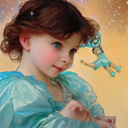 Image similar to a cute little girl with a round cherubic face, blue eyes, and short wavy light brown hair smiles as she floats in space with stars all around her. She is wearing a turquoise dress. Beautiful painting by Artgerm and Greg Rutkowski and Alphonse Mucha