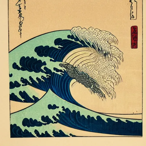 Image similar to bearded man surfing, woodblock print, style of hokusai, fine art, style of kanagawa, painting