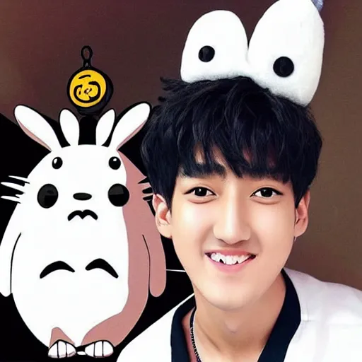 Prompt: “K-pop idol Changbin with scary Totoro, style of studio Ghibli, award winning”