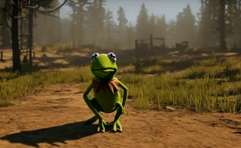 Image similar to kermit the frog in red dead redemption 2, cinematic shot, 4 k