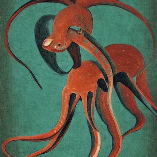 Image similar to greek vase painting depicting a dog squid hybrid monster.