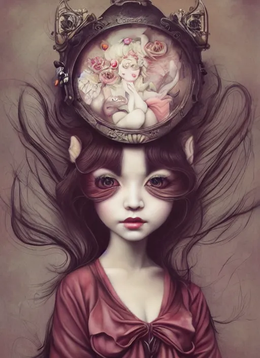 Prompt: pop surrealism, lowbrow art, realistic cute alice girl painting, japanese street fashion, hyper realism, muted colours, rococo, natalie shau, loreta lux, tom bagshaw, mark ryden, trevor brown style,