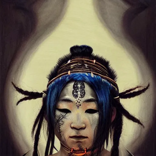 Image similar to A young blindfolded shaman japanese woman with a decorated headband performing a pagan ritual, in the style of heilung, blue hair dreadlocks and wood on her head, tribal piercing and tatoos , atmospheric lighting, intricate detail, cgsociety, ambient light, dynamic lighting, art by karol bak