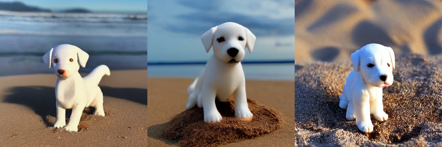 Image similar to a miniature white puppy action figure in the sand, with sunset, photo realistic, well detailed